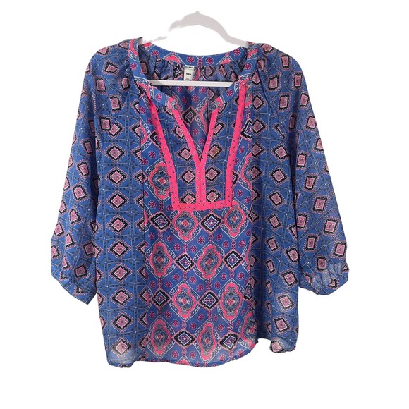 Medium Old Navy Blouse Boho Peasant Top Shirt Pink Blue Geometric Women Loose - Picture 2 of 8